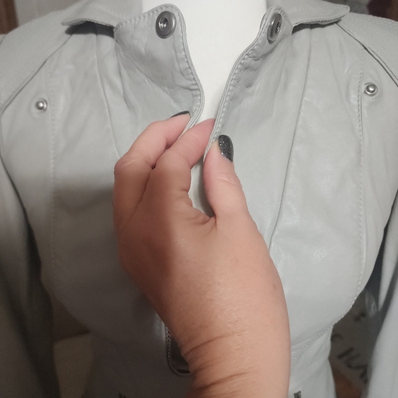 White House Black Market Gray Leather Moto Jacket with Zipper Diamond Detail - Picture 6 of 16